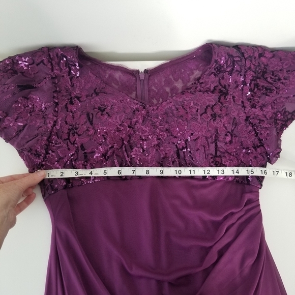 Alex Evenings Sequin Lace & Ruched Chiffon Gown Plum Purple Size 10P - Picture 4 of 16